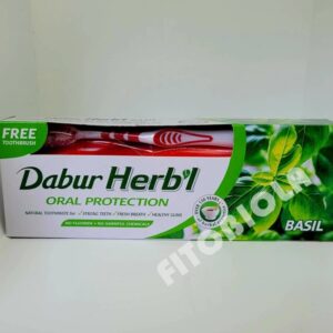 Зубна паста з базиліком Dabur Herbal запобігає виникненню карієсу і руйнування зубів, зміцнює ясна, очищає від зубного нальоту, бореться з неприємним запахом з рота. Екстракт Базиліка зміцнює коріння зубів, а також покращує відновні процеси в ротовій порожнині.