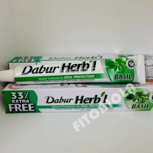 Зубна паста з базиліком Dabur Herbal запобігає виникненню карієсу і руйнування зубів, зміцнює ясна, очищає від зубного нальоту, бореться з неприємним запахом з рота. Екстракт Базиліка зміцнює коріння зубів, а також покращує відновні процеси в ротовій порожнині.